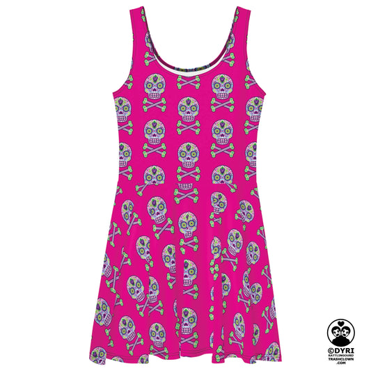 Skulls in Multicolor on Pink Skater Dress