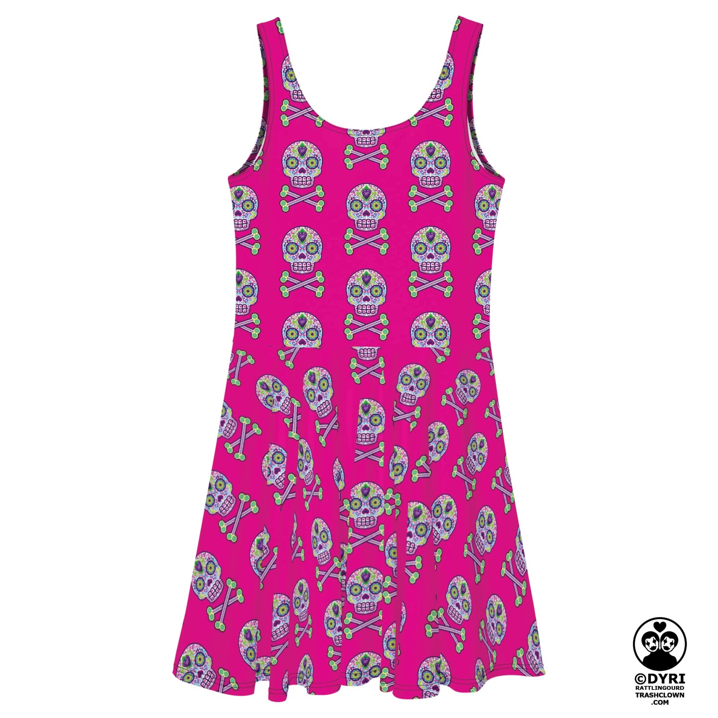 Skulls in Multicolor on Pink Skater Dress