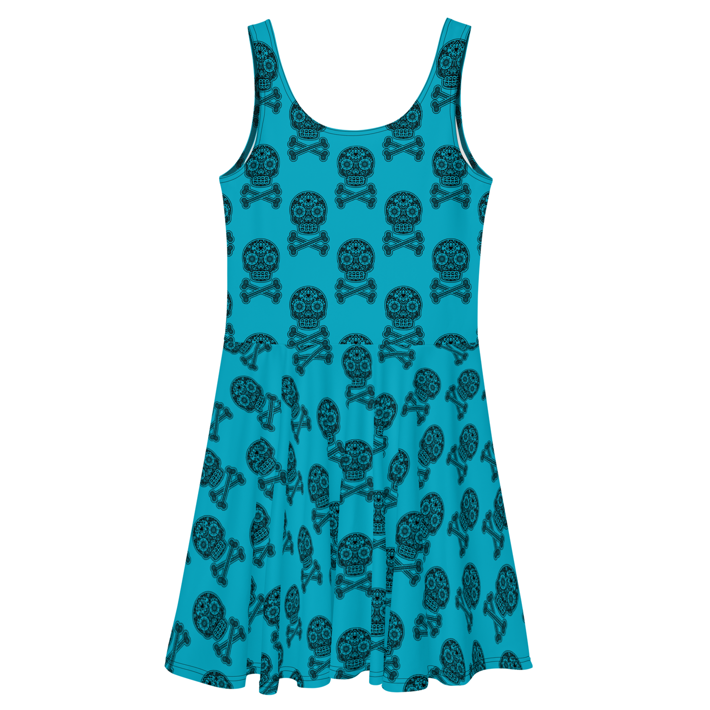 Skulls in Black on Blue Skater Dress