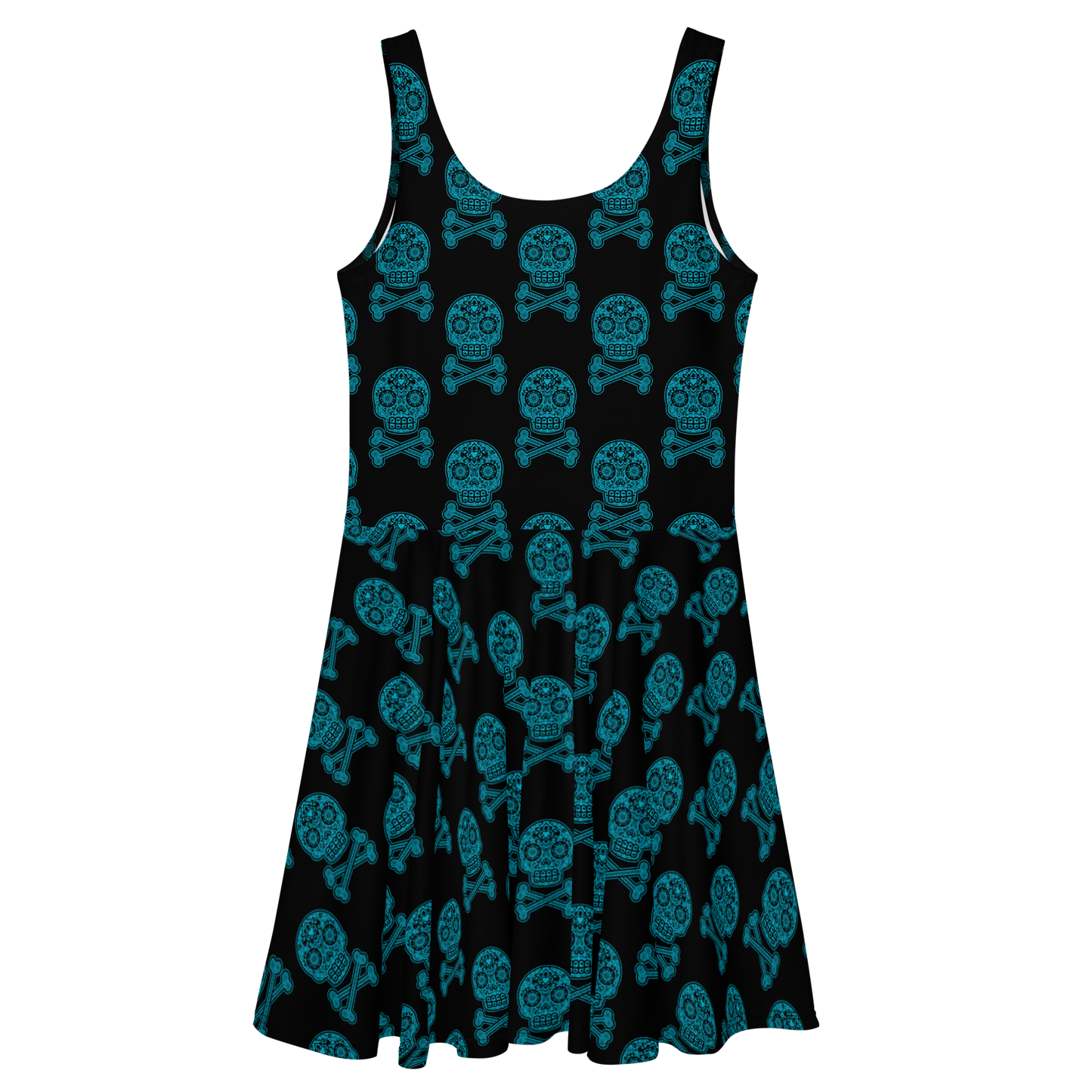 Skulls in Blue on Black Skater Dress