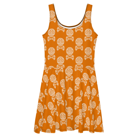 Skulls in White on Orange Skater Dress