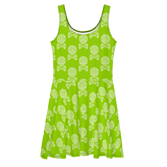 Skulls in White on Green Skater Dress