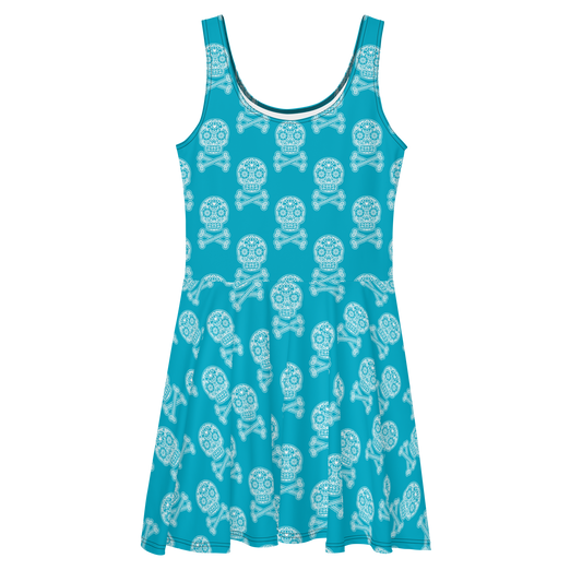 Skulls in White on Blue Skater Dress