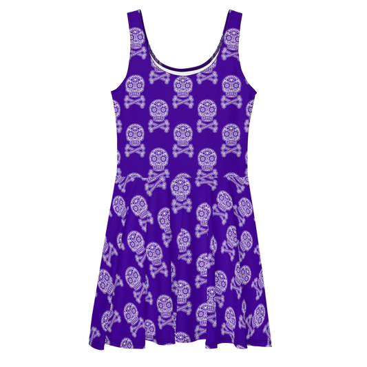 Skulls in White on Purple Skater Dress