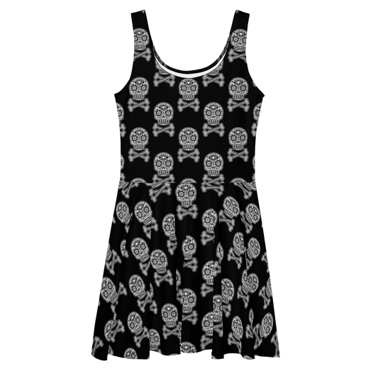 Skulls in White on Black Skater Dress