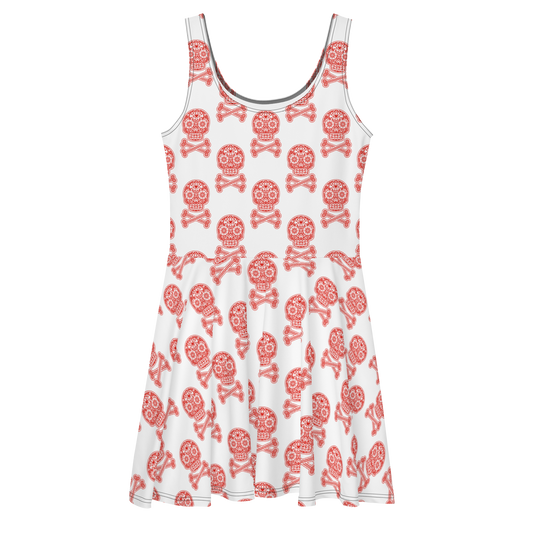 Skulls in Red on White Skater Dress