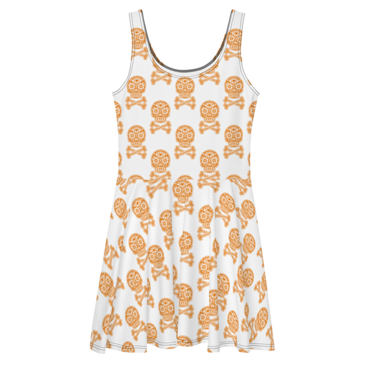 Skulls in Orange on White Skater Dress