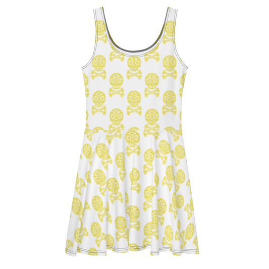 Skulls in Yellow on White Skater Dress