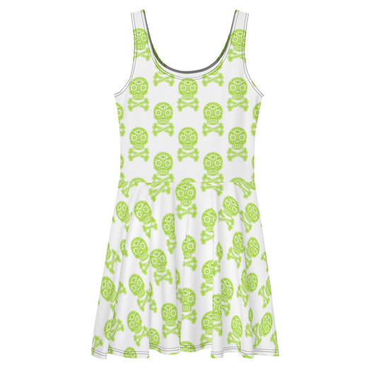 Skulls in Green on White Skater Dress