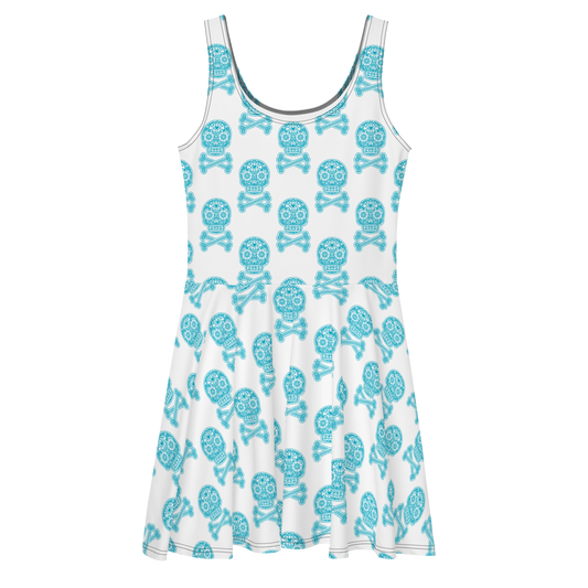 Skulls in Blue on White Skater Dress