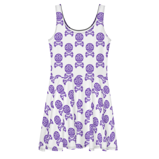 Skulls in Purple on White Skater Dress