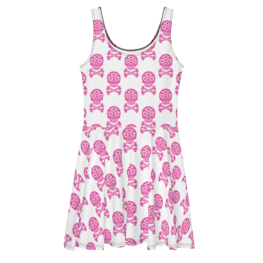 Skulls in Pink on White Skater Dress