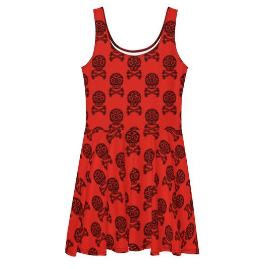 Skulls in Black on Red Skater Dress