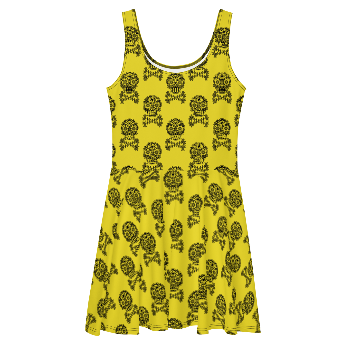 Skulls in Black on Yellow Skater Dress