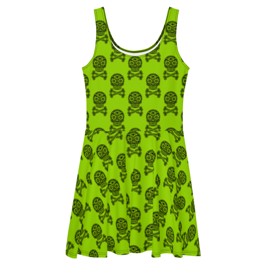 Skulls in Black on Green Skater Dress