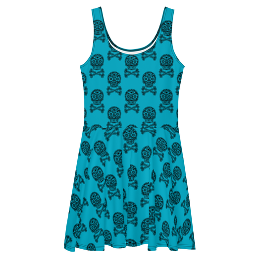 Skulls in Black on Blue Skater Dress