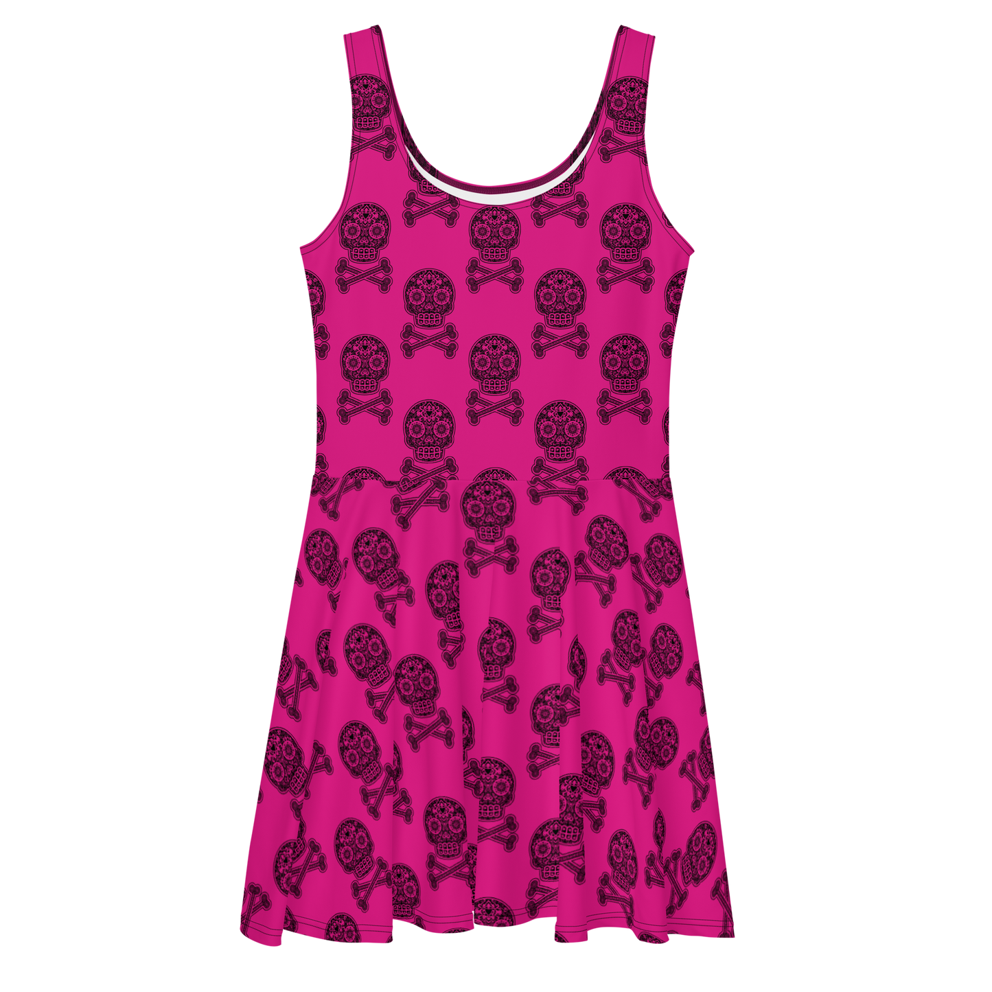 Skulls in Black on Pink Skater Dress