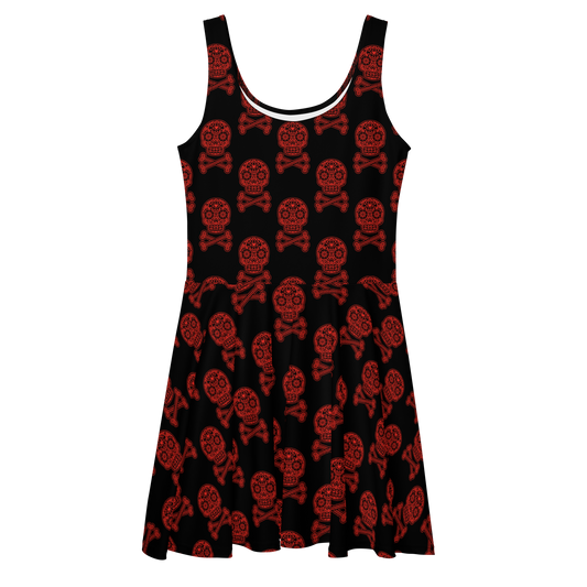 Skulls in Red on Black Skater Dress