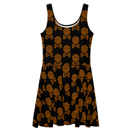 Skulls in Orange on Black Skater Dress