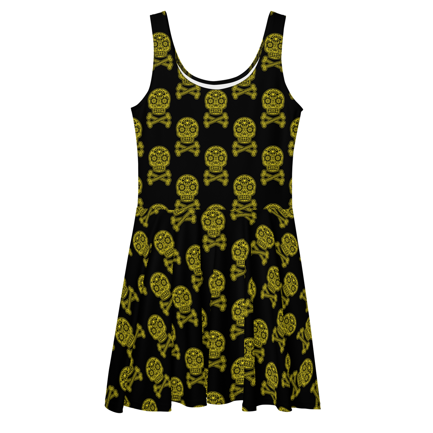 Skulls in Yellow on Black Skater Dress