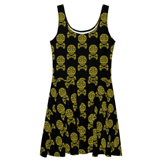 Skulls in Yellow on Black Skater Dress