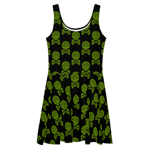 Skulls in Green on Black Skater Dress