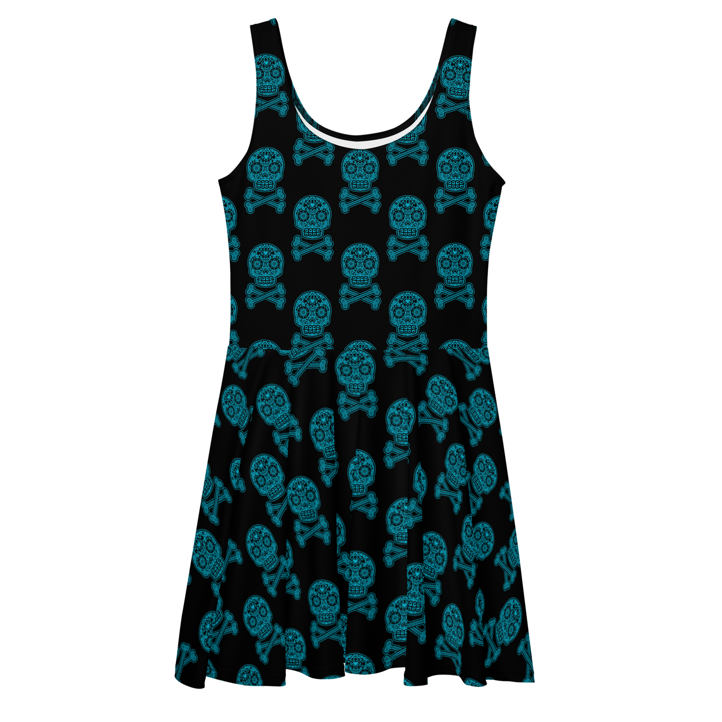 Skulls in Blue on Black Skater Dress