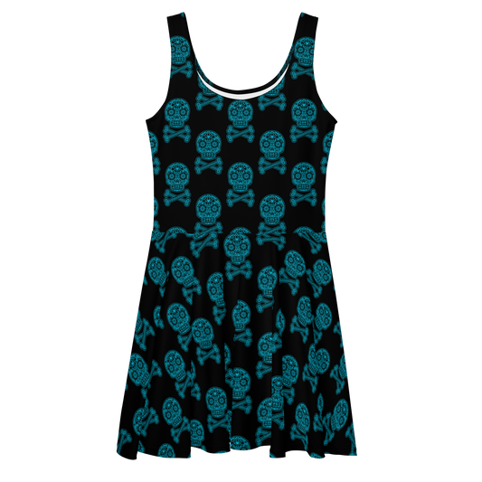 Skulls in Blue on Black Skater Dress