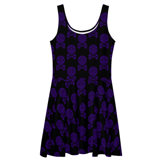 Skulls in Purple on Black Skater Dress