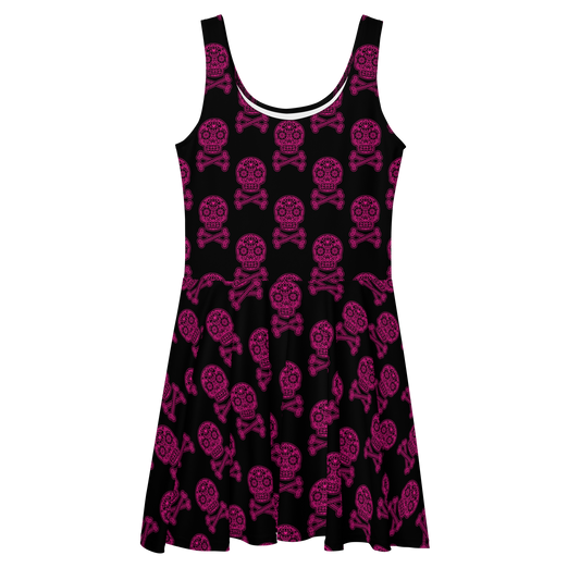 Skulls in Pink on Black Skater Dress