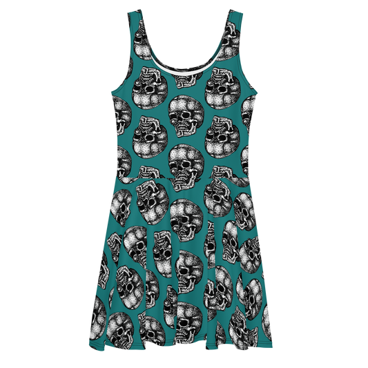 Skull Three Quarter Turn Teal Skater Dress