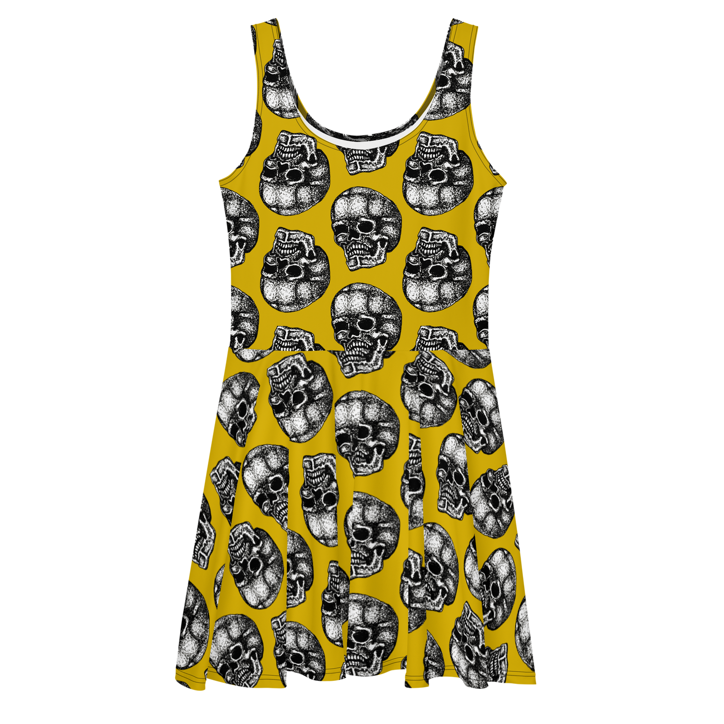 Skull Three Quarter Turn Mustard Skater Dress