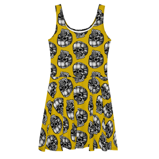 Skull Three Quarter Turn Mustard Skater Dress